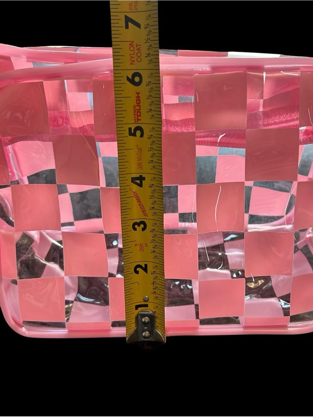 Clear Zippered Pouch Pink Checkered Transparent Cosmetic Case 8X6X4”